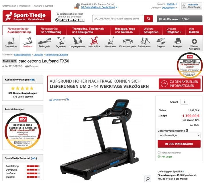 Bei der Produktpräsentation legt Sport Tiedje neben prominenter Platzierung externer und eigener Reviews Wert auf sehr ausführliche Beschreibungen 