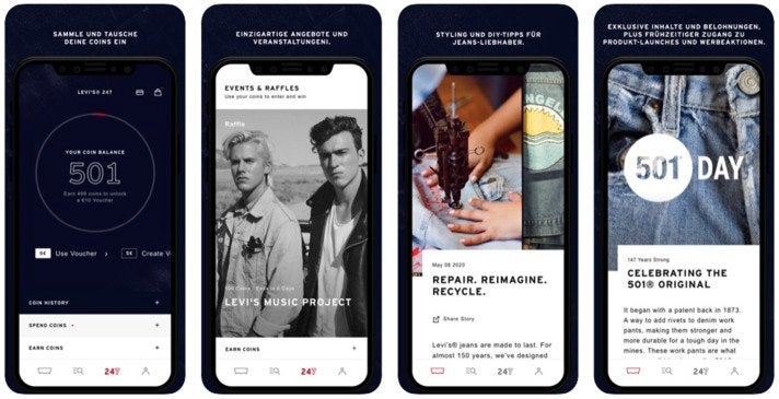 Die Levi's App bietet neben dem Überblick des eigenen Coin-Kontos Zugriff auf Gewinnspiele, exklusive Events und aktuelle Infos zu Brand und neuen Produkten.