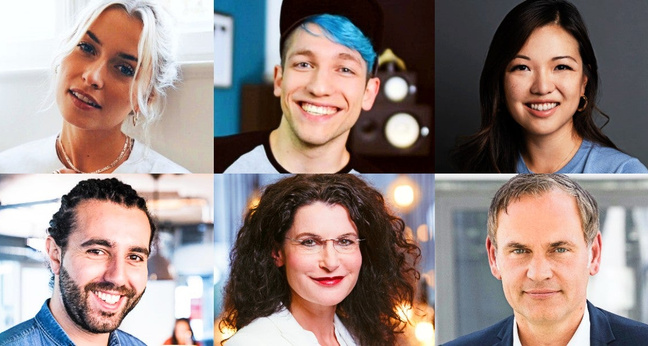 Einige von vielen Highlight-Speaker:innen, die auf der Vodafone Red Stage zu sehen sein werden: (von links oben im Uhrzeigersinn) Model und Unternehmerin Lena Gercke, Youtube-Star Rezo, Kitchen-Stories-Gründerin Mengting Gao, Porsche CEO Oliver Blume, Douglas CEO Tina Müller und About You Gründer und CEO Tarek Müller