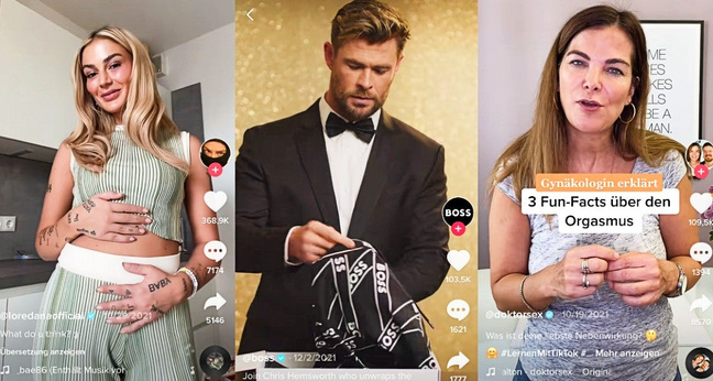 Drei der im Dezember auf Tiktok erfolgreichen Accounts: (von links) Loredana, Boss (mit Chris Hemsworth) und "Doktor Sex" (mit Frauenärztin Sheila de Liz)