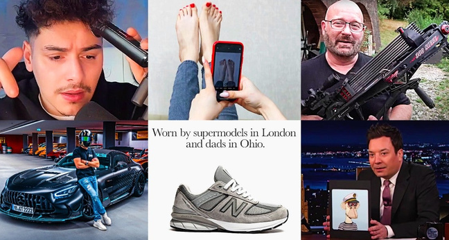 Tiktok Creator Max Emre im Livestream, Fußfetisch-Videos auf Tiktok, Waffen-Youtuber Jörg Sprave, US-Late-Night-Talker Jimmy Kimmel präsentiert sein Bored Ape Yacht Club NFT, eine Werbung der Sneaker-Marke New Balance und Auto-Influencer Gercollector vor einem Sportwagen