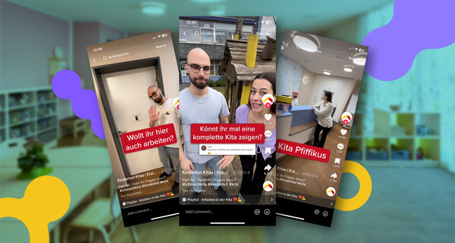 Drei Screenshots aus TikTok-Videos sind nebeneinander vor einem unscharfen Hintergrund einer Kita montiert. Die gezeigten Szenen zeigen zwei junge Erwachsene, die durch verschiedene Räume der Kita führen. Auf den Screenshots sind Fragen eingeblendet wie „Wollt ihr hier auch arbeiten?“ oder „Könnt ihr mal eine komplette Kita zeigen?“. Die visuelle Gestaltung ist bunt und aufmerksamkeitsstark.