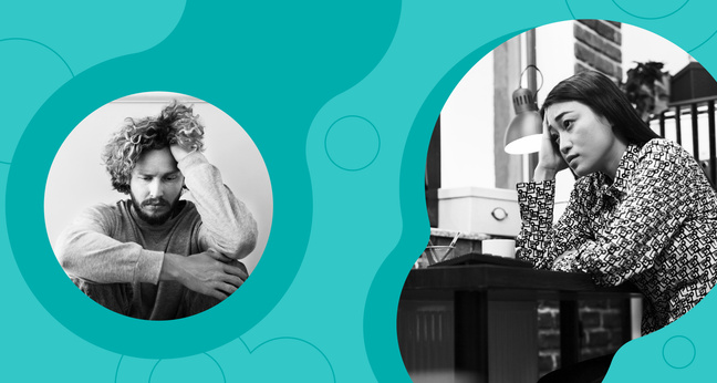 Zwei Menschen wirken psychisch erschöpft: Ein Mann sitzt mit gesenktem Blick und verschränkten Armen, eine Frau stützt nachdenklich den Kopf am Arbeitsplatz. Die Collage visualisiert typische Reaktionen auf psychische Belastungen am Arbeitsplatz – ein zentrales Thema im Arbeitsrecht und betrieblichen Gesundheitsschutz.