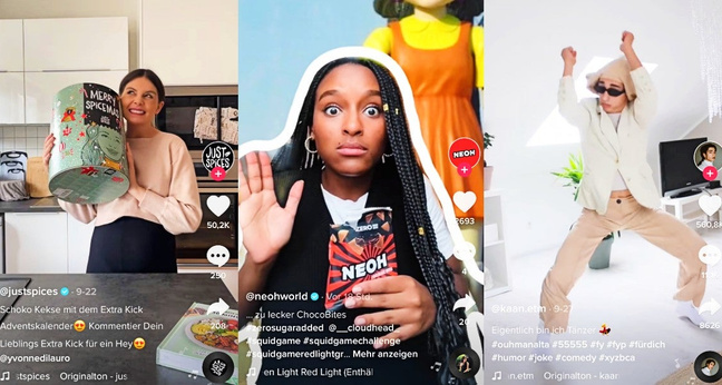 (Von links) Screenshots von den Tiktok-Accounts von Just Spices, Neoh und kaan.etm