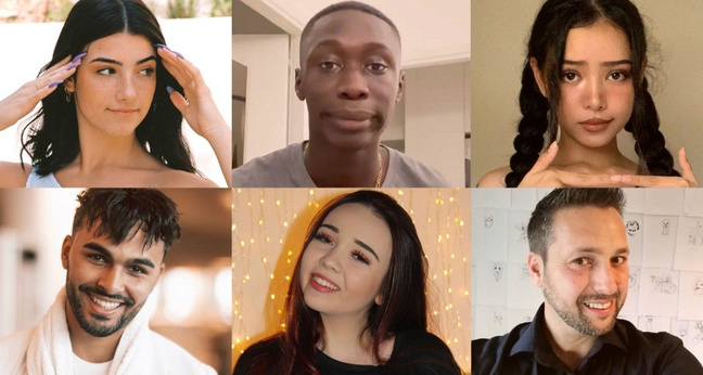 Die erfolgreichsten Tiktok-Creator: (von links oben im Uhrzeigersinn) Charli D'Amelio, Khabane Lame, Bella Poarch, Christoph Brückner ("Condsty"), "Julesboringlife" und Younes Zarou