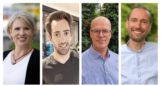 Vier Porträts nebeneinander im Hochformat: Eine Frau und drei Männer blicken freundlich in die Kamera. Die Hintergründe variieren zwischen Natur, Büro und neutralem Setting. Die abgebildeten Personen arbeiten an der Förderung von Inklusion in Unternehmen – sowohl innerhalb eines Konzerns als auch durch eine gemeinnützige Initiative.