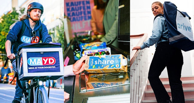 Die Top 3 der deutschen Startup-Marken (laut Jung von Matt) in einem Bild: (von links nach rechts) der Schnelllieferdienst Mayd, die Konsumgütermarke Shared und der Schnelllieferdienst Arive