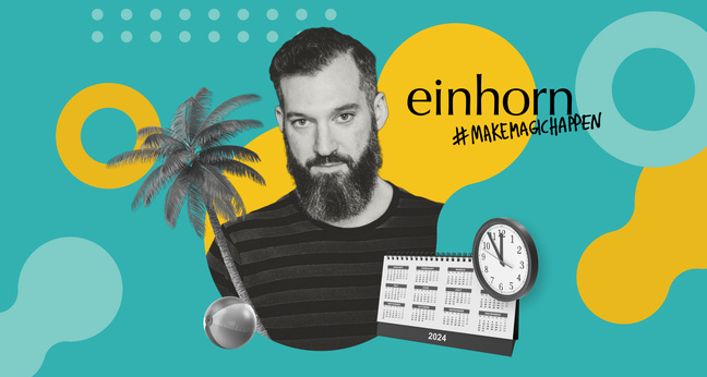 Illustration mit Markus Wörner von Einhorn vor grafisch gestaltetem Hintergrund mit Kalender, Uhr, Palme und Strandball – Sinnbild für das New-Work-Modell mit flexibler Arbeitszeit und freier Urlaubsplanung.