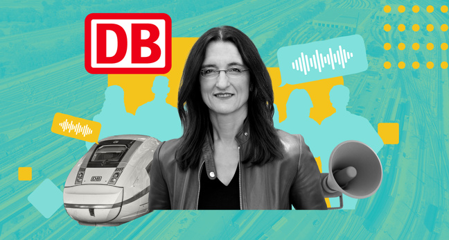 Collage mit Kerstin Wagner, einem ICE-Zug und DB-Logo vor stilisiertem Hintergrund – Symbolbild für modernes Recruiting bei der Deutschen Bahn.