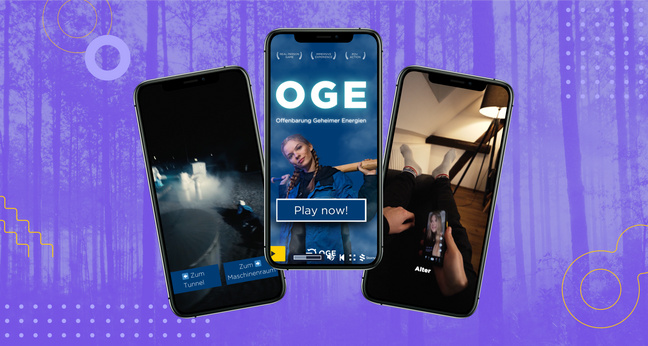 Drei Smartphones zeigen Spielszenen in einer düsteren Atmosphäre: Nebel, Tunnel, ein Videocall und eine junge Frau mit Zopf und Vorschlaghammer im Zentrum. Im Hintergrund: ein stilisierter Wald in Lila mit grafischen Elementen.