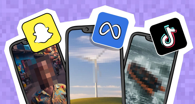 Symbolbild, das KI-generierte, fiktive und verpixelte Anzeigen von NGOs zusammen mit den Logos von Snapchat, Meta und Tiktok zeigt