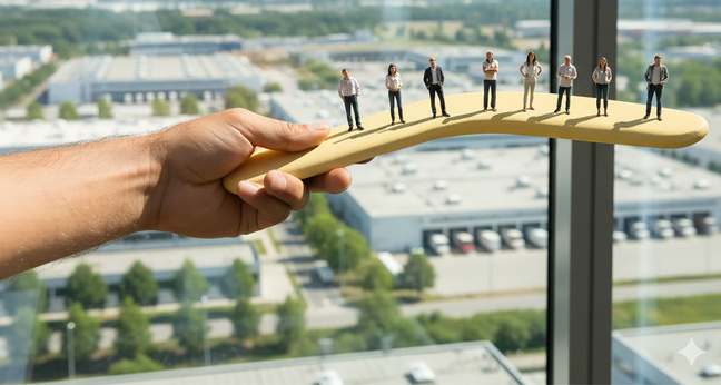 Symbolfoto Boomerang Recruiting: Eine Hand hält einen Boomerang, auf dem Miniaturfiguren von Berufstätigen stehen – sinnbildlich für Mitarbeitende mit Rückkehrpotenzial. 