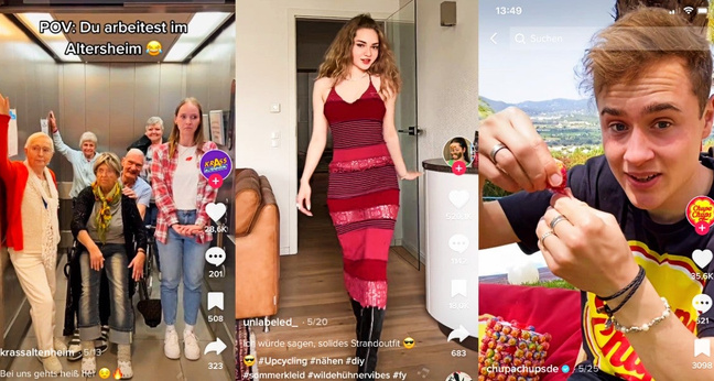 Accounts auf Tiktok im Mai: (von links) "Krass Altenheim", "unlabeled_" und "ChupaChupsde"