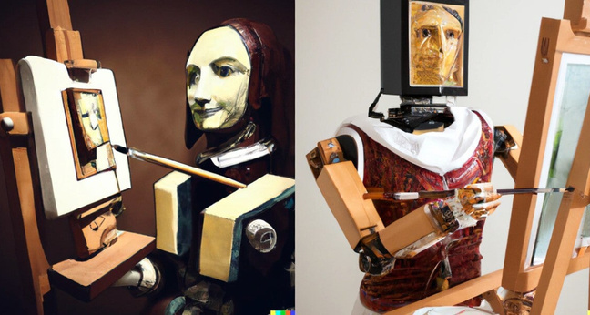 Diese Bilder erzeugt Dall-E, wenn man ein Bild von einem Roboter möchte, der ein Selbstporträt im Stil von Leonardo da Vinci malt. Screenshot: Dall-E