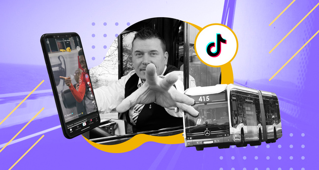 Montage mit mehreren Bildelementen: Im Zentrum streckt ein Busfahrer – Michel Schwartz – lächelnd seine Hand zum „415er“-Gruß aus dem Fenster. Rechts unten fährt ein Linienbus mit der Nummer 415 ins Bild. Links zeigt ein Smartphone-Screen einen TikTok-Clip mit einem jubelnden Fußballspieler. TikTok-Logo und grafische Elemente im lila-gelben Stil runden das moderne, trendbetonte Layout ab.