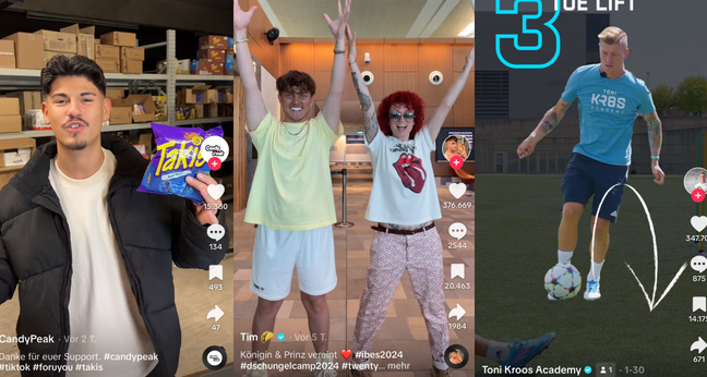 Im Januar haben unter anderem der Süßigkeitenshop candypeak.de, Dschungelcamp-Teilnehmer Twenty4tim und die Toni Kross Academy auf Tiktok überzeugen können (Montage: OMR).  