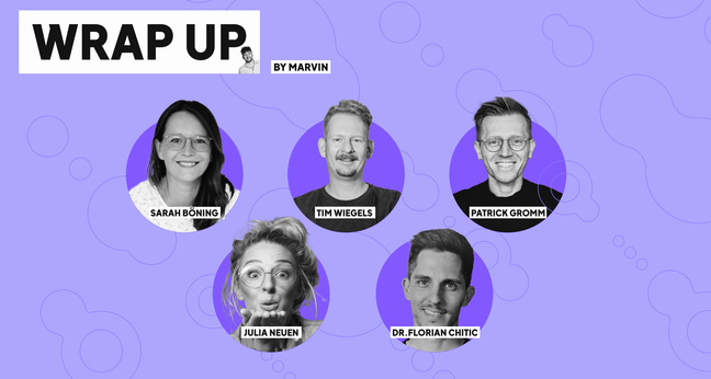 Vor einem lila Hintergrund mit grafischen Kreisen sind fünf schwarz-weiß Porträts in farbigen Kreisen platziert. Abgebildet sind Sarah Böning, Tim Wiegels, Patrick Gromm, Julia Neuen und Dr. Florian Chitic – Speaker*innen der Digital HR Summit 2024. Oben links steht groß „WRAP UP by Marvin“.