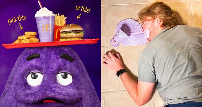 So promotete McDonalds das "Grimace Menu" inklusive lila Milkshake (links), so inszenierten Tiktok User das Produkte (rechts)