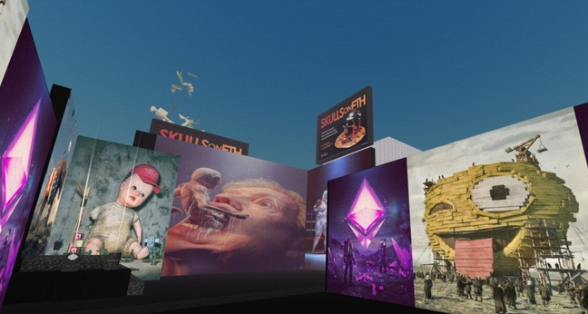 Vorne Kunst von Beeple, darüber Werbung auf einer Plakatwand von Metaverse Billboards