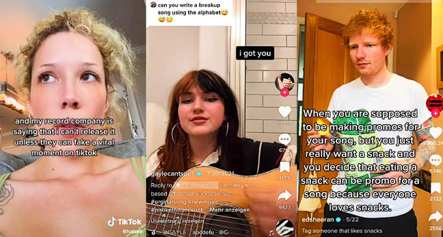 Sängerin Halsey (links) erklärte, Ihr Label weigere sich einen Song herauszubringen, wenn es ihr nicht gelänge, für diesen einen "Fake Viral Moment" auf Tiktok zu kreieren. Popsängerin Gayle (Mitte) war das zuvor gelungen. Und Superstar Ed Sheeran ist wirkt ebenfalls von den Promo-Zwängen seines Labels genervt.