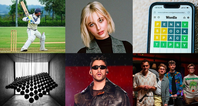 Von links oben im Uhrzeigersinn: Cricket, Emma Chamberlain, Wordle, die Band Glass Animals, Reggaeton-Sänger Bad Bunny und die Ausstellung "Dark Matter" – sie alle stehen im Zusammenhang mit einigen der erfolgreichsten Inhalte im Netz im Jahr 2022