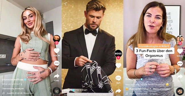 Drei der im Dezember auf Tiktok erfolgreichen Accounts: (von links) Loredana, Boss (mit Chris Hemsworth) und "Doktor Sex" (mit Frauenärztin Sheila de Liz)
