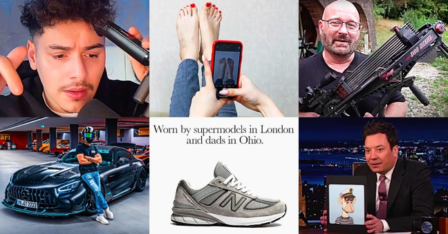 Tiktok Creator Max Emre im Livestream, Fußfetisch-Videos auf Tiktok, Waffen-Youtuber Jörg Sprave, US-Late-Night-Talker Jimmy Kimmel präsentiert sein Bored Ape Yacht Club NFT, eine Werbung der Sneaker-Marke New Balance und Auto-Influencer Gercollector vor einem Sportwagen