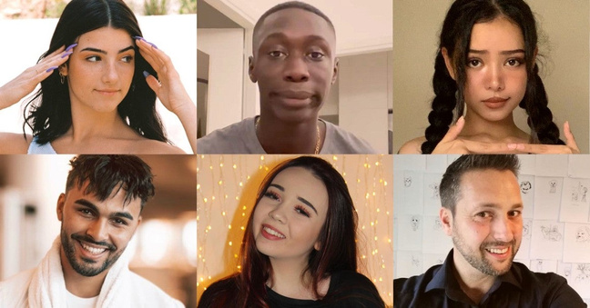 Die erfolgreichsten Tiktok-Creator: (von links oben im Uhrzeigersinn) Charli D'Amelio, Khabane Lame, Bella Poarch, Christoph Brückner ("Condsty"), "Julesboringlife" und Younes Zarou