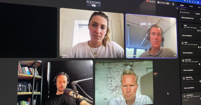 Viola Stadler (Projekt A, von oben links nach unten rechts), Christopher Oster (Clark), Philipp Westermeyer (OMR) und Mark Klein (Ergo) diskutierten über Versicherungen. Foto: OMR