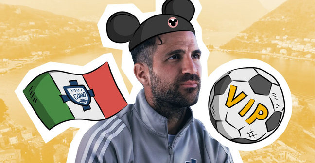 Spanischer Coach Cesc Fàbregas als Frontmann, Luxustourismus im Rücken: Como 1907 definiert das Fußball-Business neu. (Montage: Virginia Miersch / OMR)