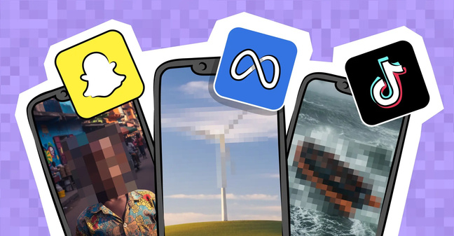 Symbolbild, das KI-generierte, fiktive und verpixelte Anzeigen von NGOs zusammen mit den Logos von Snapchat, Meta und Tiktok zeigt