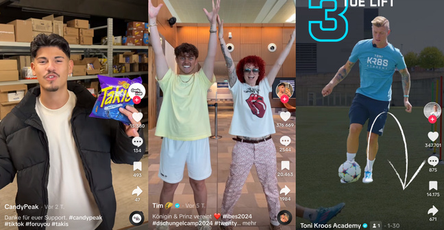 Im Januar haben unter anderem der Süßigkeitenshop candypeak.de, Dschungelcamp-Teilnehmer Twenty4tim und die Toni Kross Academy auf Tiktok überzeugen können (Montage: OMR).  