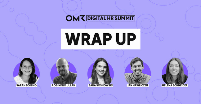Grafik zum OMR Digital HR Summit „Wrap Up“ mit Porträts von Sarah Böning, Robindro Ullah, Sara Sosnowski, Jan Hawliczek und Helena Schneider vor violettem Hintergrund.