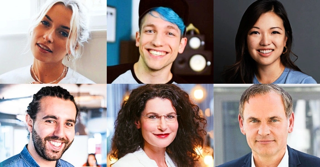 Einige von vielen Highlight-Speaker:innen, die auf der Vodafone Red Stage zu sehen sein werden: (von links oben im Uhrzeigersinn) Model und Unternehmerin Lena Gercke, Youtube-Star Rezo, Kitchen-Stories-Gründerin Mengting Gao, Porsche CEO Oliver Blume, Douglas CEO Tina Müller und About You Gründer und CEO Tarek Müller