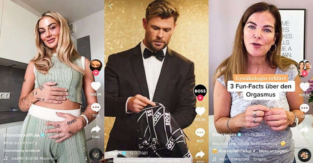 Drei der im Dezember auf Tiktok erfolgreichen Accounts: (von links) Loredana, Boss (mit Chris Hemsworth) und "Doktor Sex" (mit Frauenärztin Sheila de Liz)