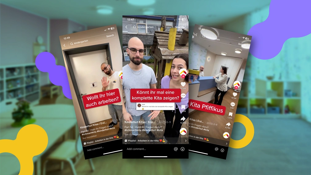 Drei Screenshots aus TikTok-Videos sind nebeneinander vor einem unscharfen Hintergrund einer Kita montiert. Die gezeigten Szenen zeigen zwei junge Erwachsene, die durch verschiedene Räume der Kita führen. Auf den Screenshots sind Fragen eingeblendet wie „Wollt ihr hier auch arbeiten?“ oder „Könnt ihr mal eine komplette Kita zeigen?“. Die visuelle Gestaltung ist bunt und aufmerksamkeitsstark.