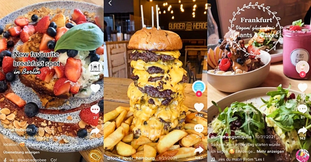 Wo gibt es das beste Frühstück, den besten Burger oder den besten Brunch der Stadt? Auf Fragen wie diese wollen Tiktok-Accounts wie (von links) "Gastro Berlin", "Food Lover Hamburg" und "unterwegsmitjulia" Antworten geben