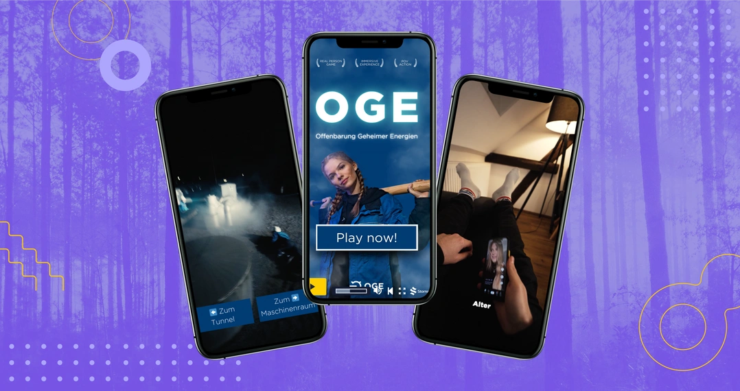 Drei Smartphones zeigen Spielszenen in einer düsteren Atmosphäre: Nebel, Tunnel, ein Videocall und eine junge Frau mit Zopf und Vorschlaghammer im Zentrum. Im Hintergrund: ein stilisierter Wald in Lila mit grafischen Elementen.