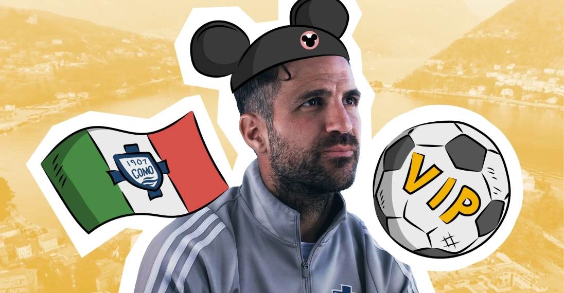 Spanischer Coach Cesc Fàbregas als Frontmann, Luxustourismus im Rücken: Como 1907 definiert das Fußball-Business neu. (Montage: Virginia Miersch / OMR)