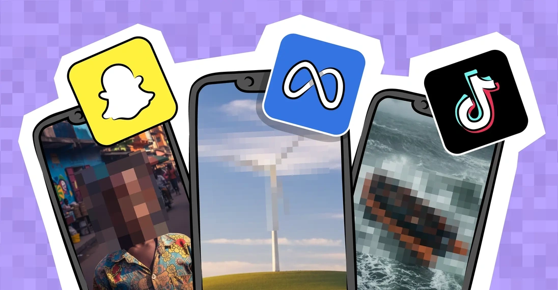 Symbolbild, das KI-generierte, fiktive und verpixelte Anzeigen von NGOs zusammen mit den Logos von Snapchat, Meta und Tiktok zeigt