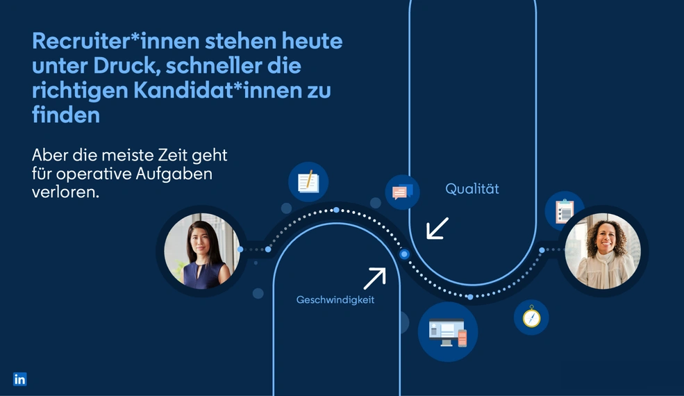 Recruiterinnen stehen heute unter Druck, schneller die richtigen Kandidatinnen zu finden. Aber die meiste Zeit geht für operative Aufgaben verloren. Grafik zeigt zwei Recruiterinnen an einer Prozesslinie zwischen den Polen Geschwindigkeit und Qualität. LinkedIn-Logo unten links.