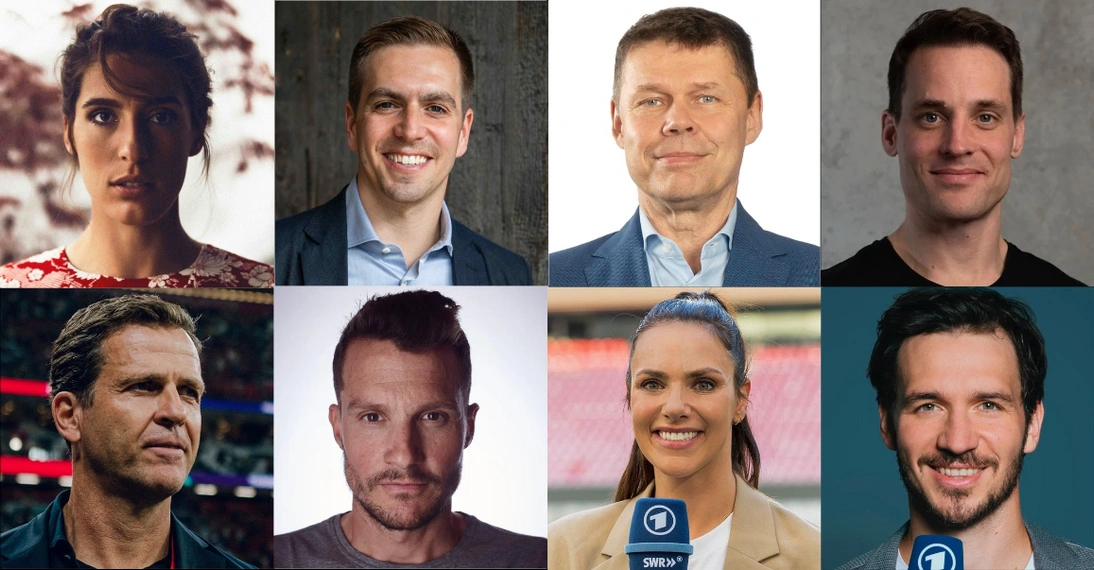 Sport-Speaker*innen auf dem OMR Festival 2024: Andrea Petkovic, Philipp Lahm, Carsten Koerl, Alexander Steinforth (1. Reihe, v. links); Oliver Bierhoff, Jan Frodeno, Esther Sedlaczek, Felix Neureuther (2. Reihe, v. links)
