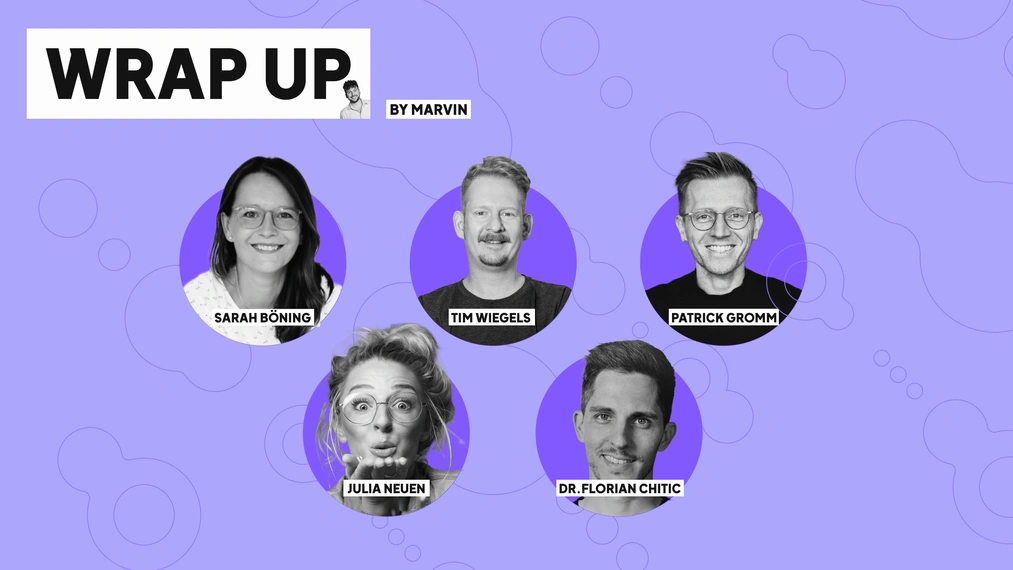 Vor einem lila Hintergrund mit grafischen Kreisen sind fünf schwarz-weiß Porträts in farbigen Kreisen platziert. Abgebildet sind Sarah Böning, Tim Wiegels, Patrick Gromm, Julia Neuen und Dr. Florian Chitic – Speaker*innen der Digital HR Summit 2024. Oben links steht groß „WRAP UP by Marvin“.