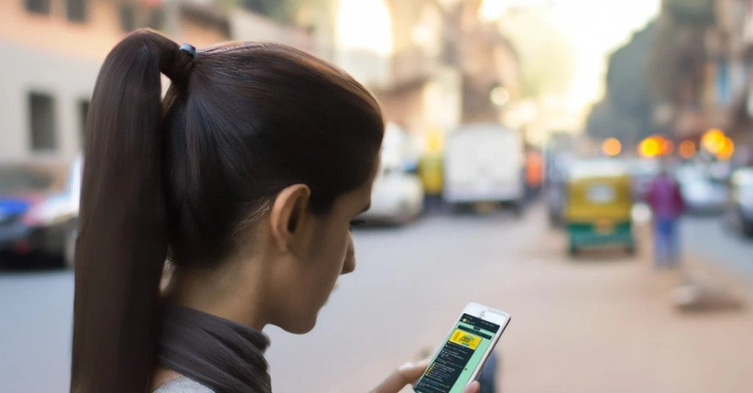 Eine junge Inderin erhält eine Werbe-Nachricht auf Whatsapp