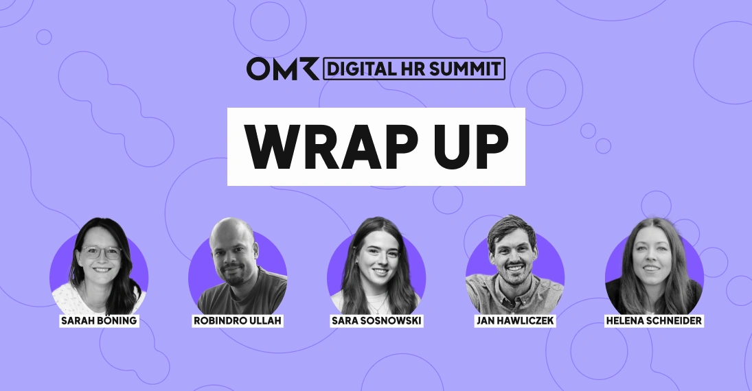 Grafik zum OMR Digital HR Summit „Wrap Up“ mit Porträts von Sarah Böning, Robindro Ullah, Sara Sosnowski, Jan Hawliczek und Helena Schneider vor violettem Hintergrund.