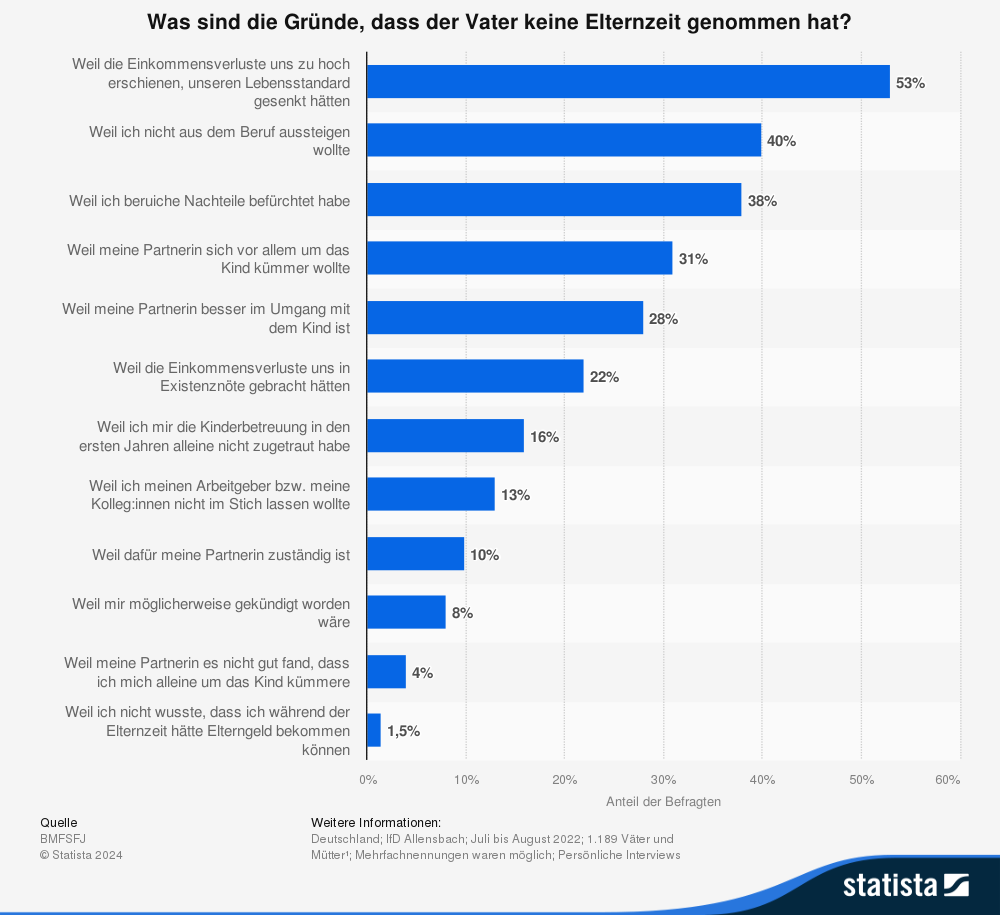 Balkendiagramm mit den häufigsten Gründen, warum Väter in Deutschland keine Elternzeit genommen haben; finanzielle Einbußen und berufliche Nachteile werden am häufigsten genannt.