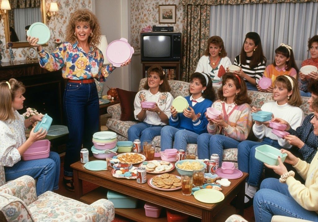 Viele Frauen, die in einem altmodischen Wohnzimmer sitzen. Eine präsentiert ihre Tupper Ware 