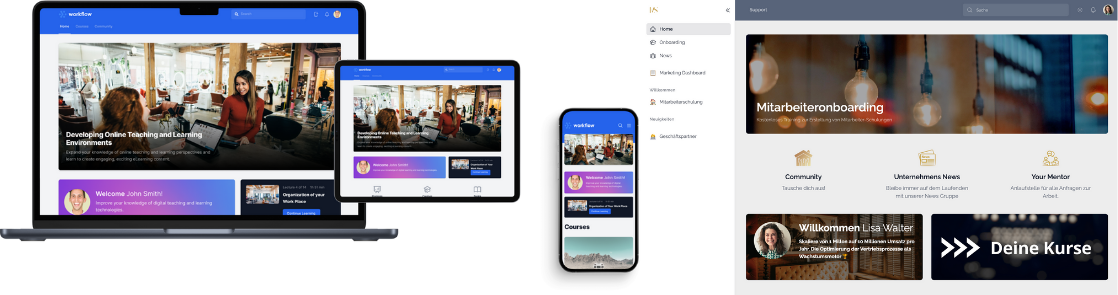 Schulungsplattformen auf Laptop, Tablet und Smartphone in verschiedene Designs