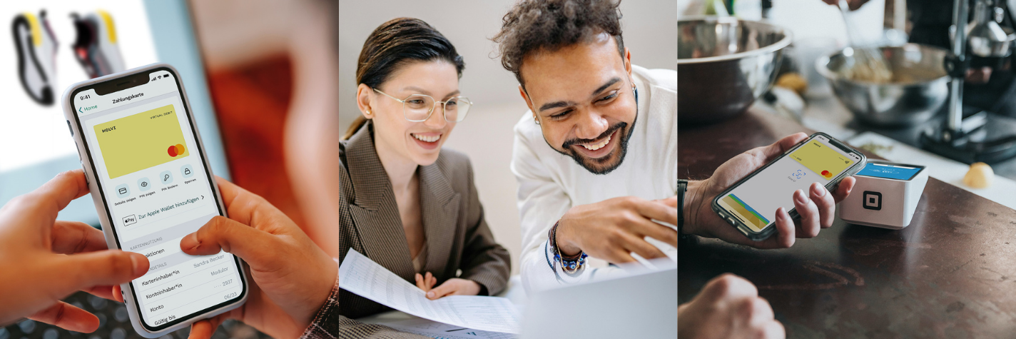 Bildstrecke von Kreditkarten, Banking und einem Team