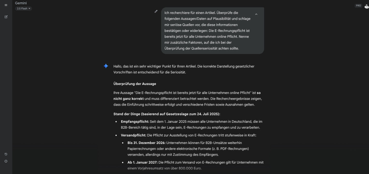 Quellencheck von Gemini auf eine falsche Behauptung zur E-Rechnung